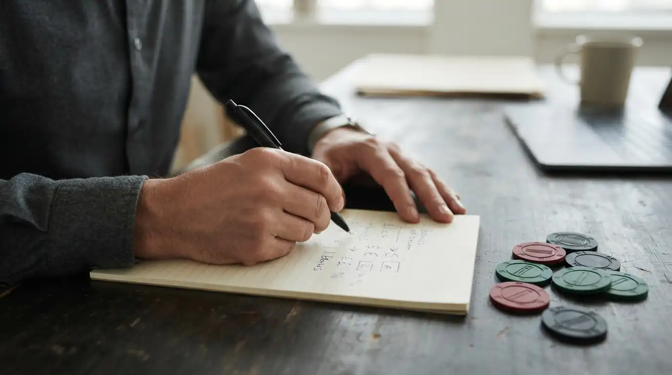 Person mit Stift und übersichtlicher Bonusrechnung auf einem Notizblock