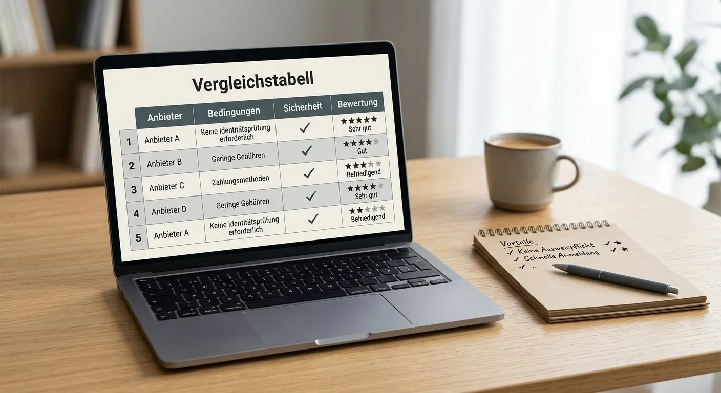 Vergleich von Anbietern ohne Ausweis-Upload auf einem Laptop mit Notizzettel