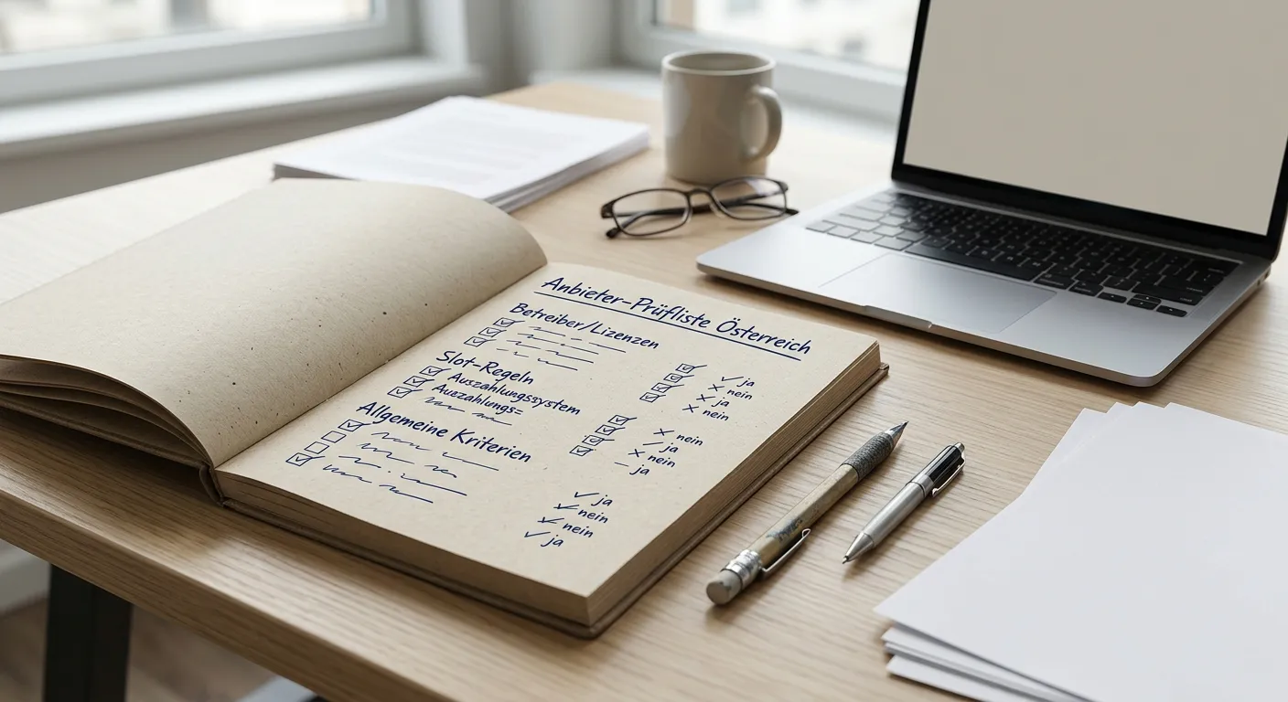Checkliste mit Betreiber, Lizenz, Slotregeln und Auszahlung als vier neutralen Prüfpunkten