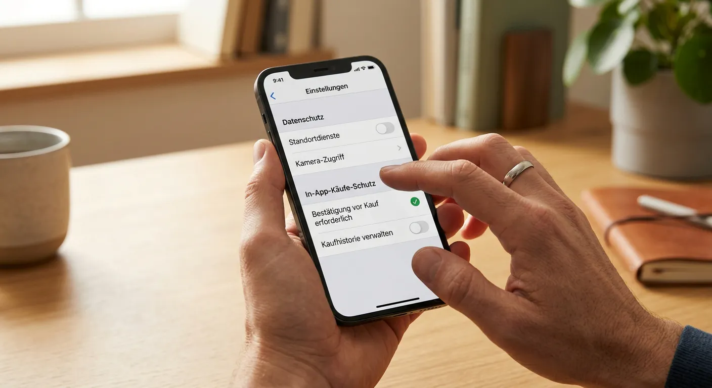 Person kontrolliert App-Berechtigungen und Kaufschutz auf einem Smartphone