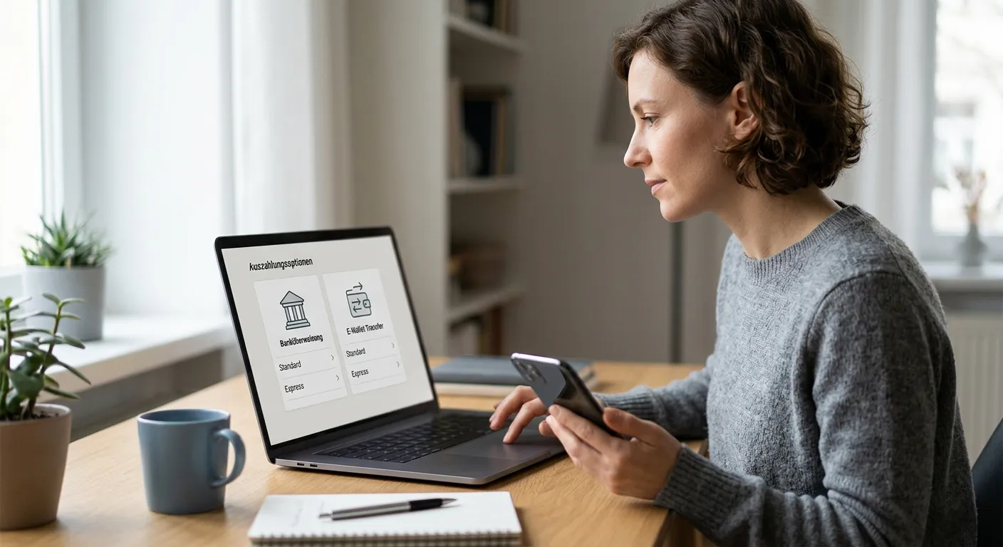 Neutrale Auszahlungsauswahl mit Banküberweisung und E-Wallet ohne Markenlogos