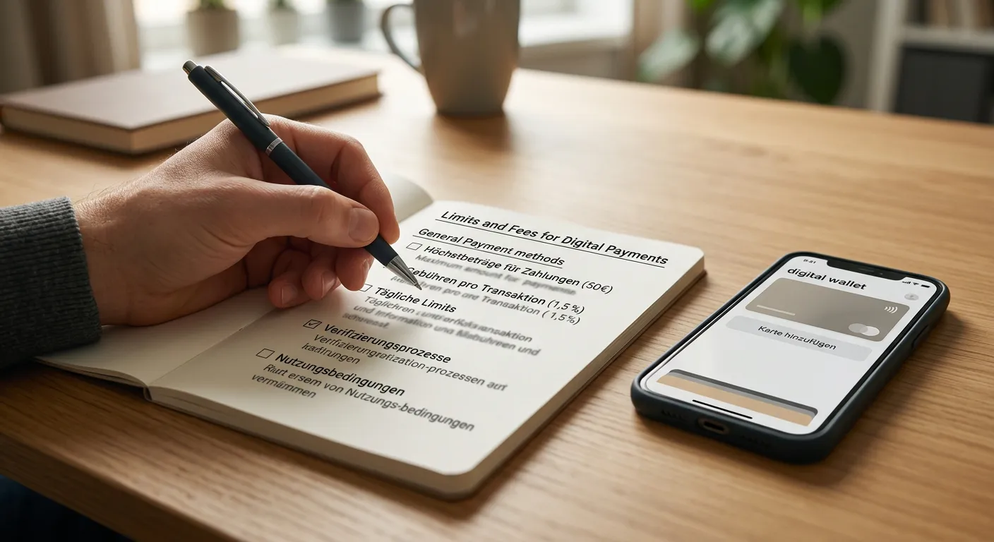 Aufgeräumter Schreibtisch mit Notiz über Einzahlungslimits und Gebühren