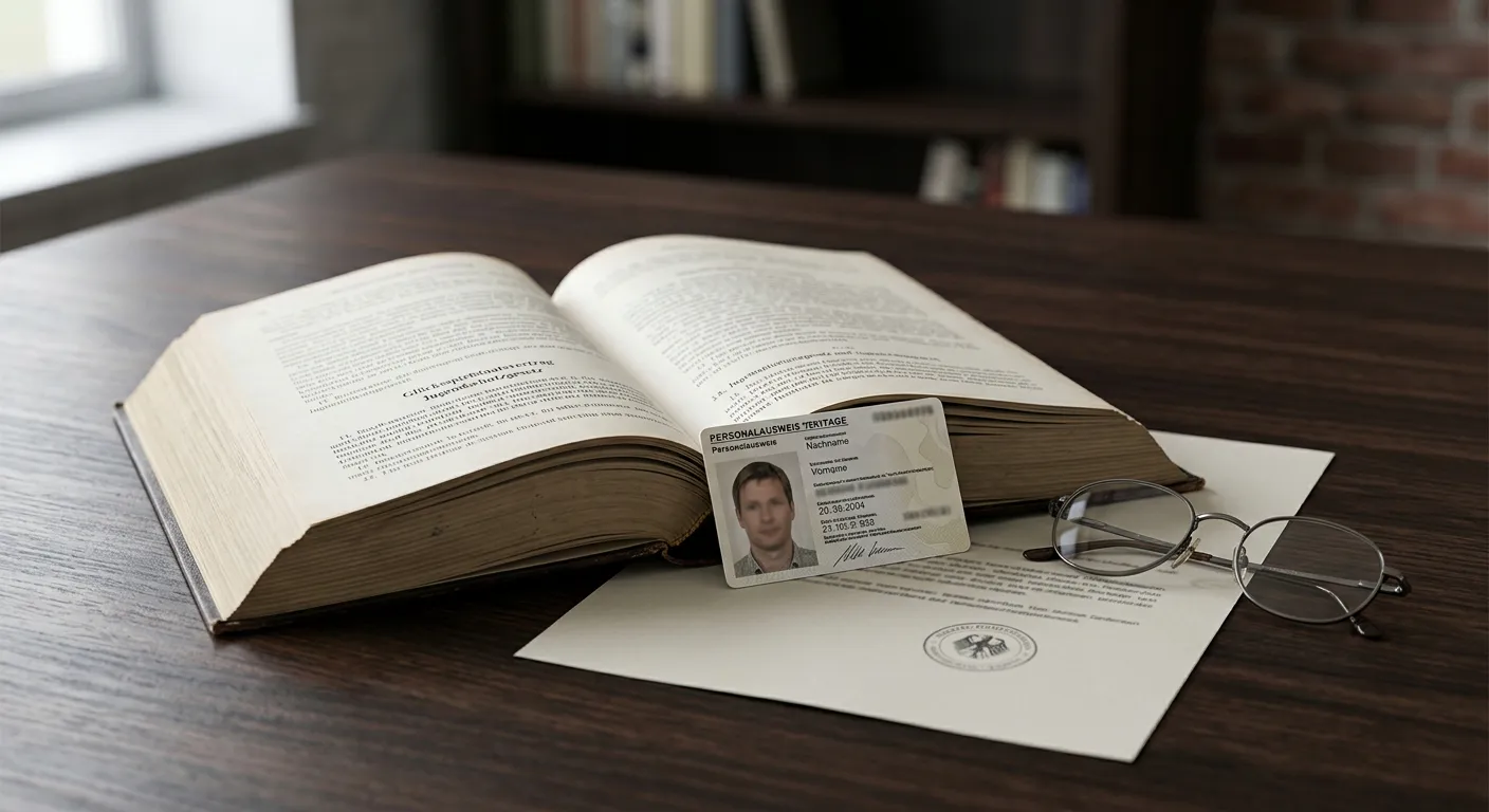 Gesetzbuch und amtlicher Lichtbildausweis auf einem Schreibtisch als Grundlage der Ident-Prüfung