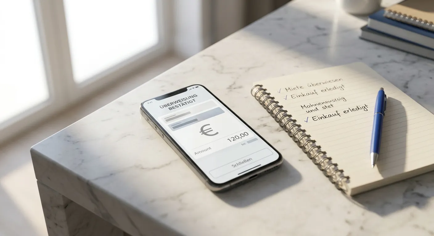 Smartphone mit neutraler Zahlungsübersicht neben einem Notizblock auf hellem Tisch