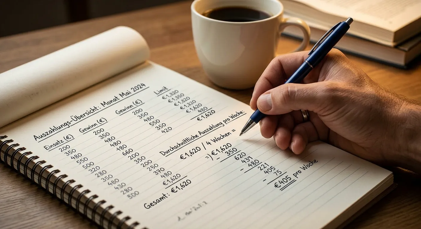 Notizblock mit handschriftlicher Rechnung zum Auszahlungslimit im Casino
