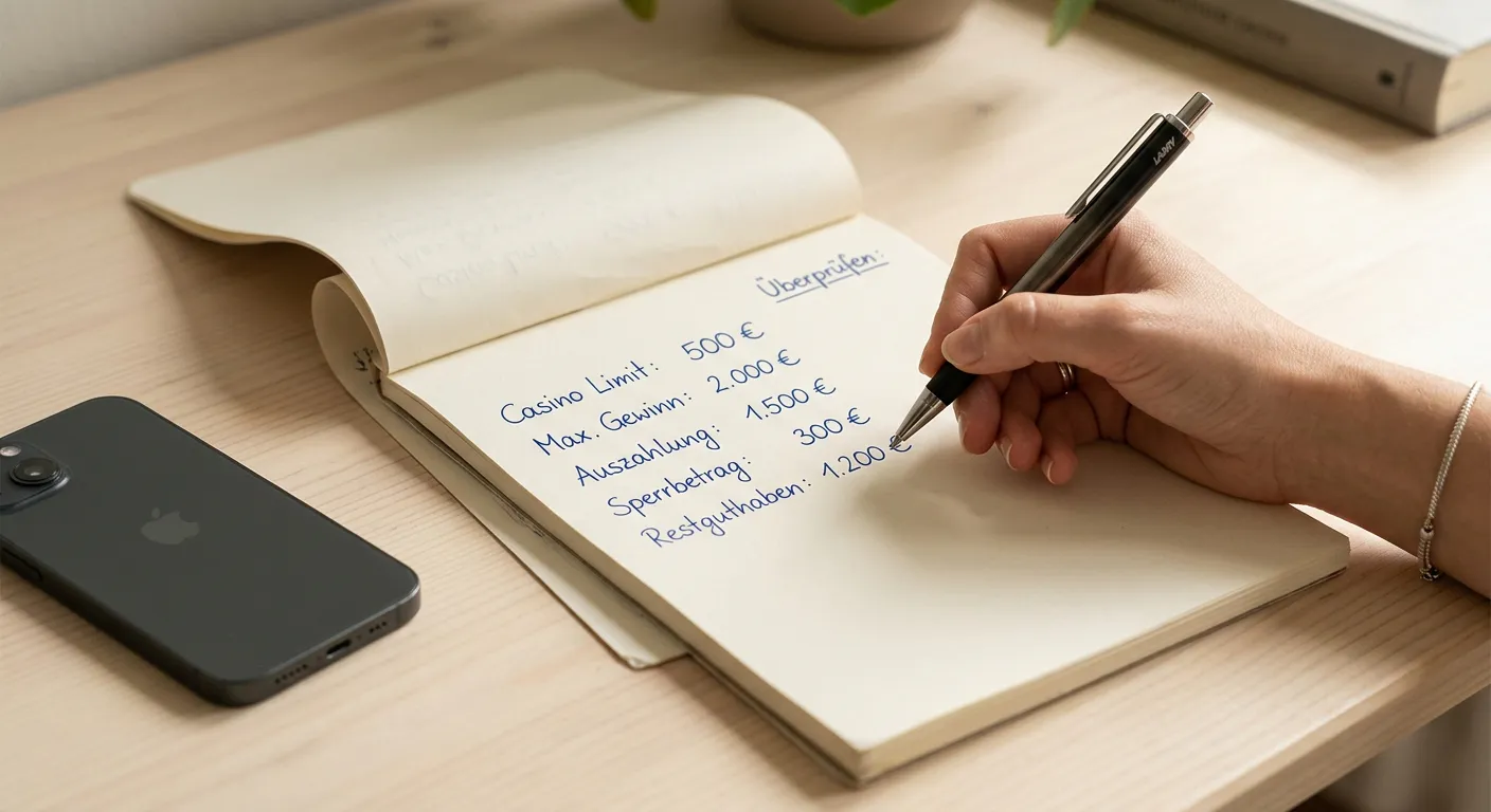 Notizblock mit handschriftlicher Aufstellung von Auszahlungsgrenzen pro Tag und Monat