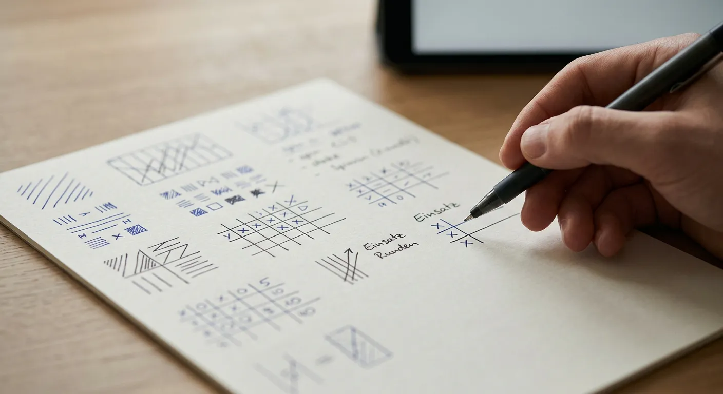 Hand mit Stift neben notierten Einsatz- und Rundenzahlen auf einem Spielplan