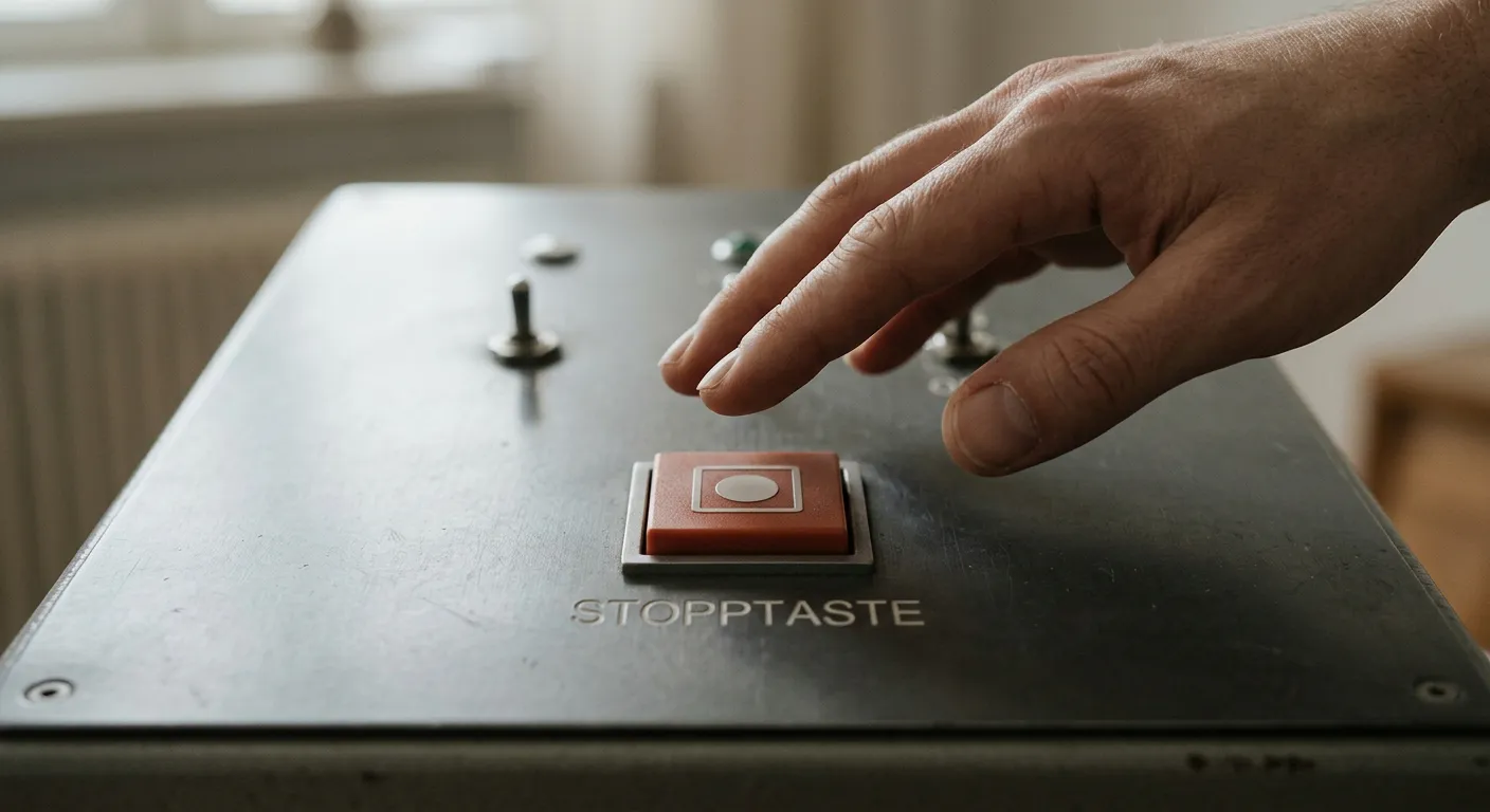 Spielerhand über einer klar markierten Stopptaste in einer neutralen Spieloberfläche