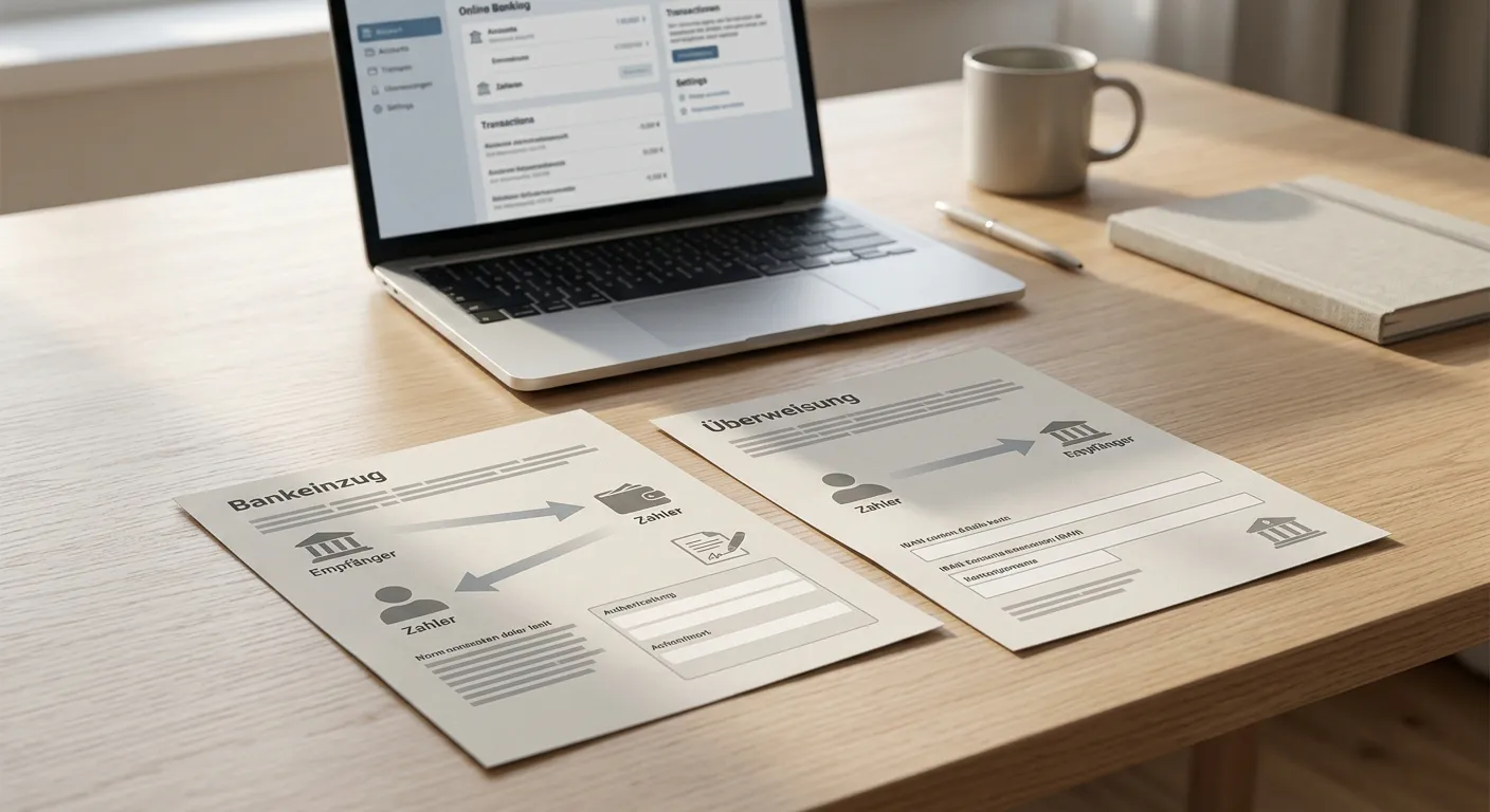 Vergleich von Lastschrift, Überweisung und Online-Banking auf einem neutralen Dokument