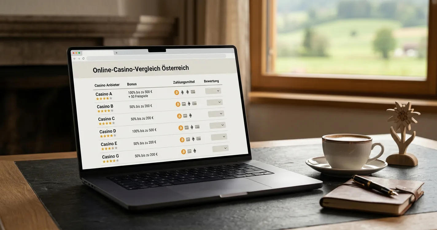 Laptop mit neutraler Casino-Vergleichsansicht und Bitcoin-Symbol