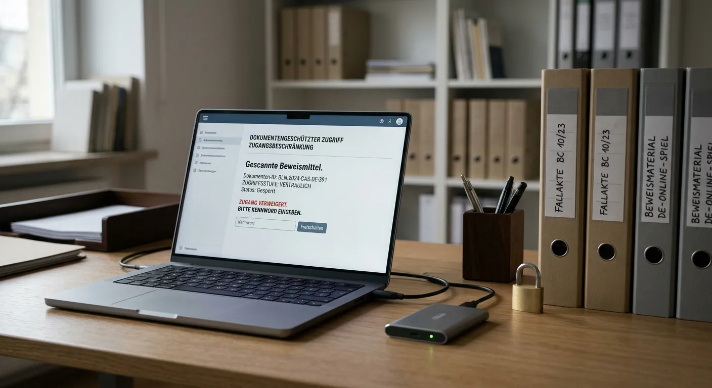 Sicherer Laptop-Arbeitsplatz mit geschützten Dokumenten und neutralem Schloss-Symbol