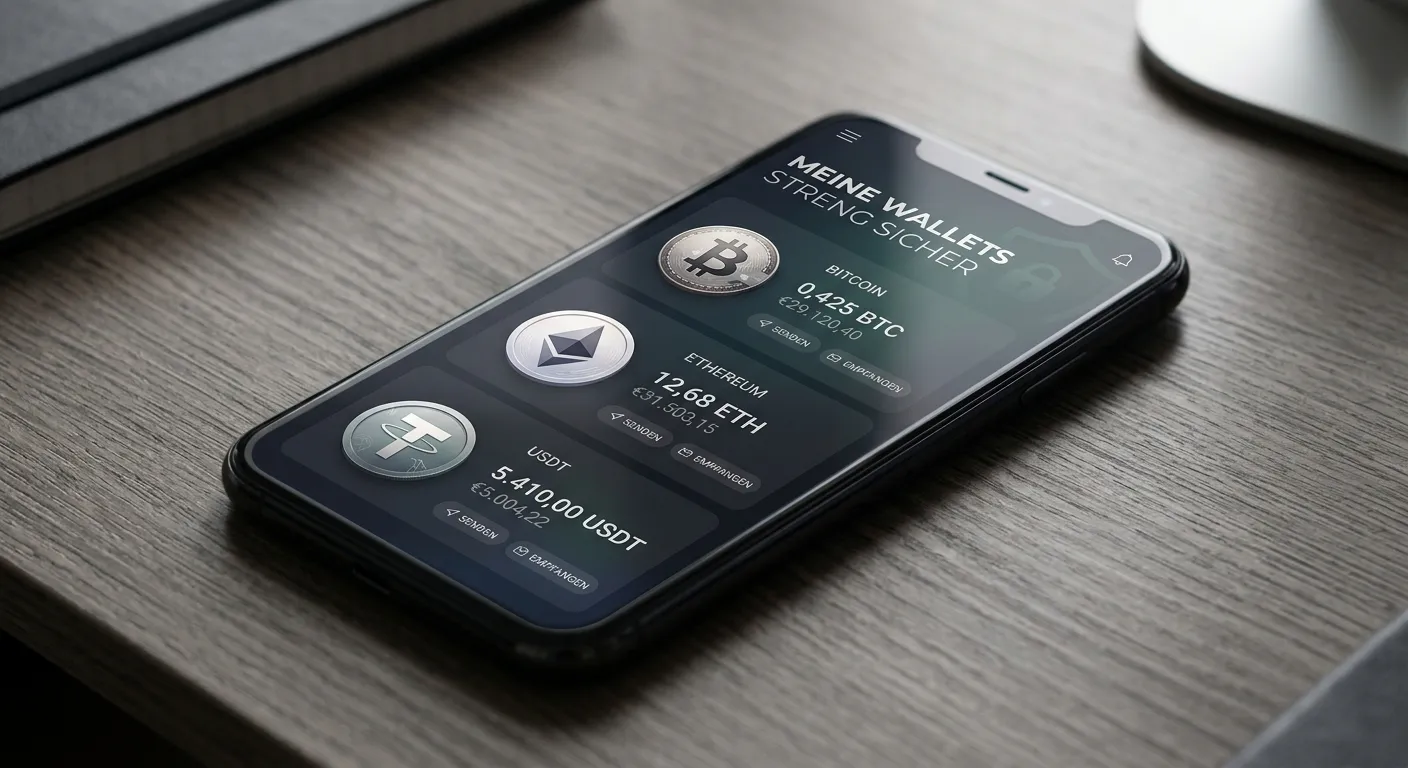 Abstrakte Wallet-Ansicht mit Bitcoin Ethereum und USDT Symbolen