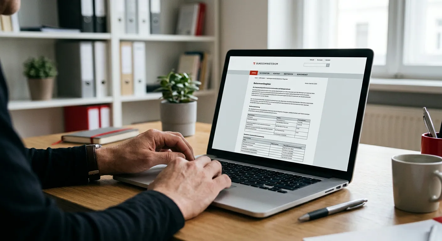 Person prüft eine neutrale Behördenübersicht auf einem Laptop ohne sichtbare Marken