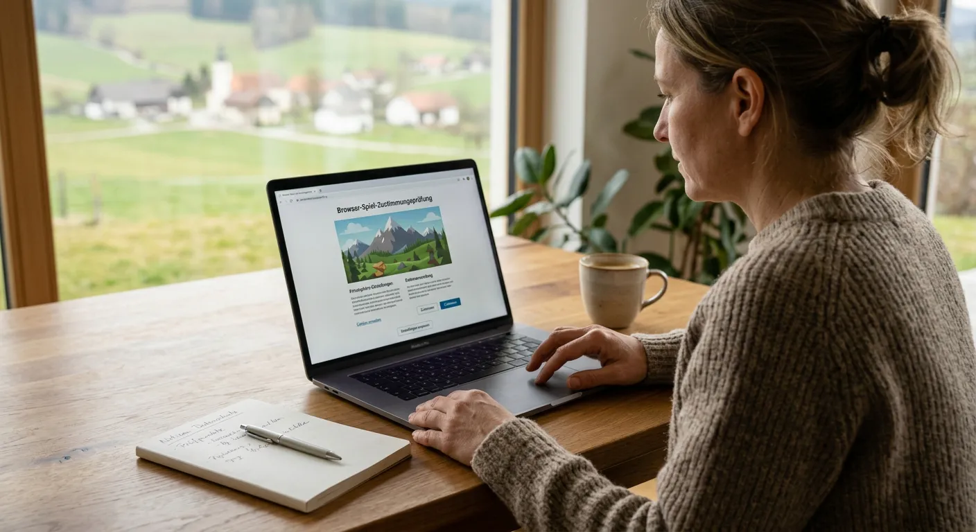 Person prüft eine neutrale Browser-Demo und Datenschutzhinweise am Laptop