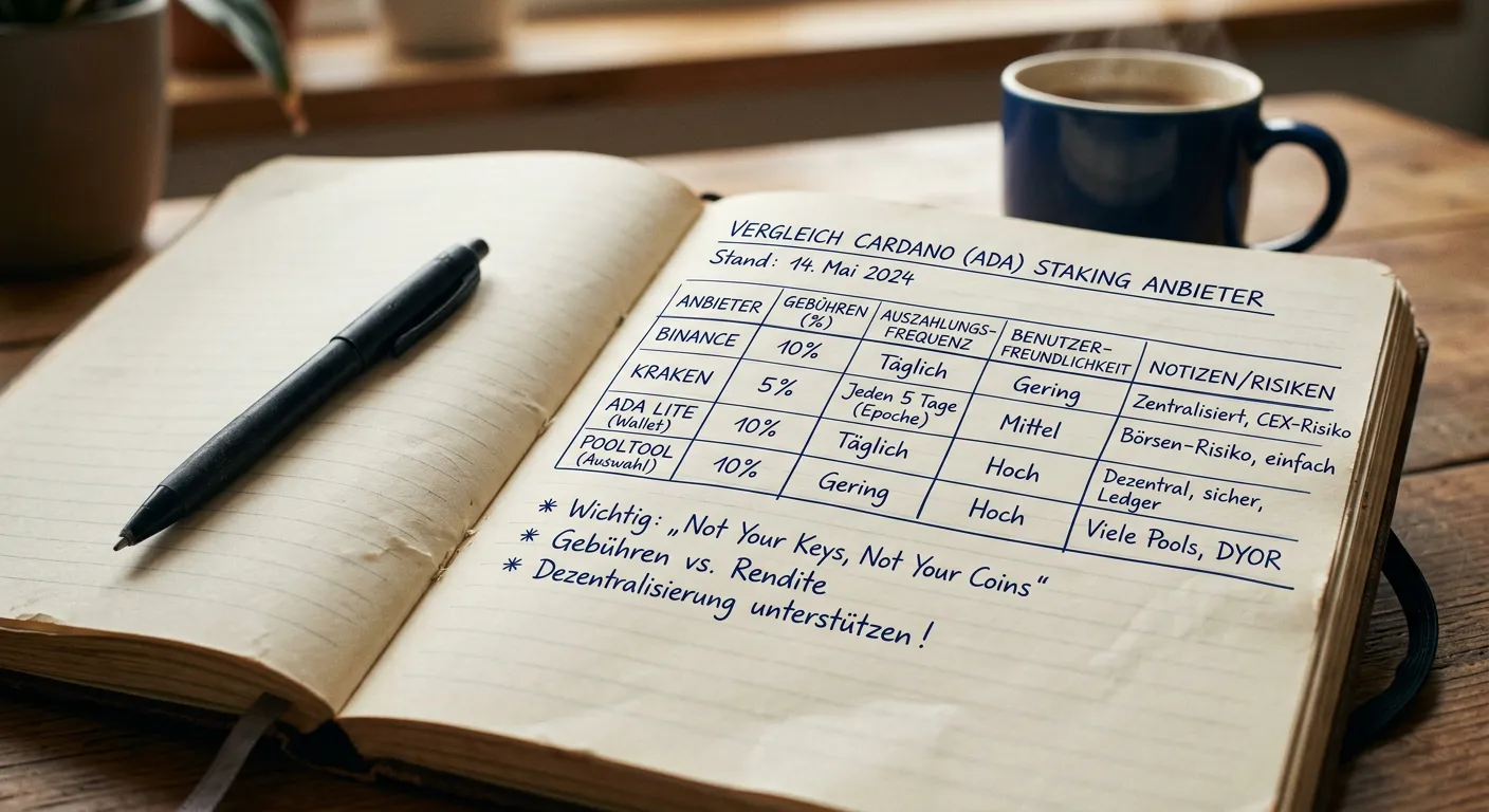 Notizbuch mit handschriftlichem Vergleich mehrerer Cardano-Casino-Anbieter