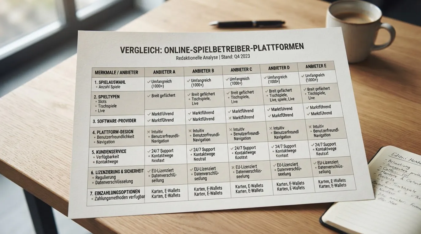 Vergleich von sieben neutralen Casinoangeboten auf einem Bildschirm