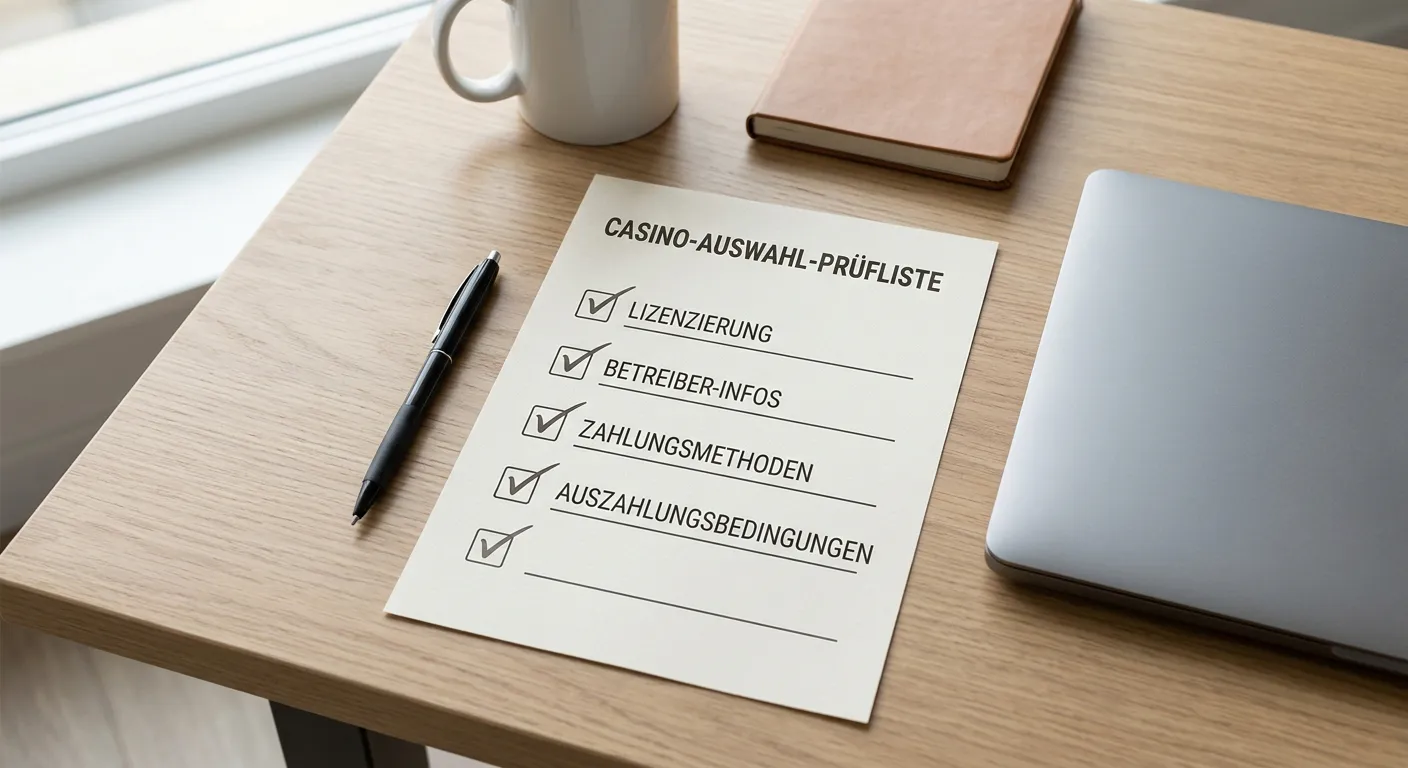 Checkliste mit Lizenz-, Betreiber- und Auszahlungspunkten auf einem neutralen Blatt