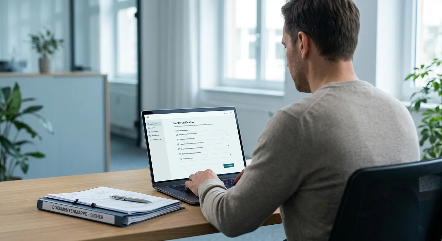 Neutrale Auszahlungsbestätigung und Identitätsprüfung auf einem Laptop ohne Markenzeichen
