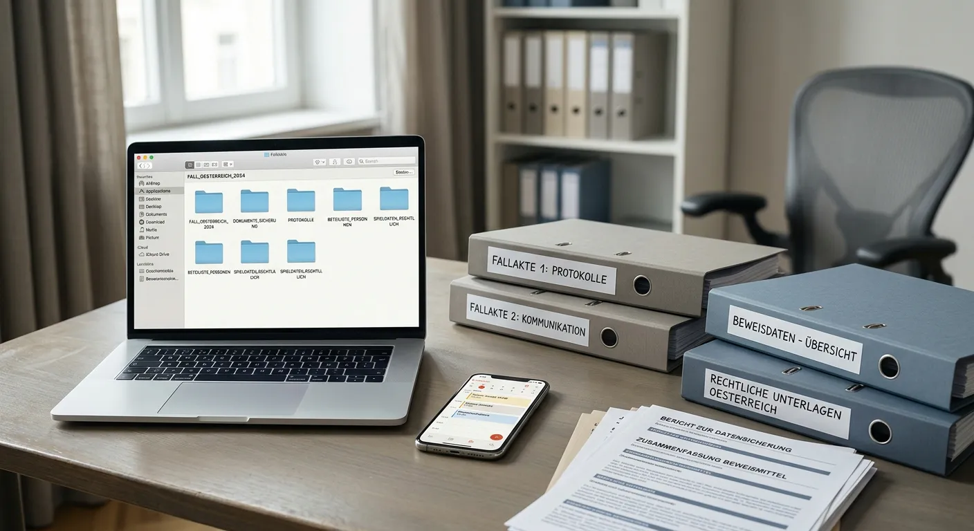 Ordentliche digitale Beweisablage mit Laptop, Smartphone und beschrifteten neutralen Dokumentenmappen, realistische Bürobeleuchtung