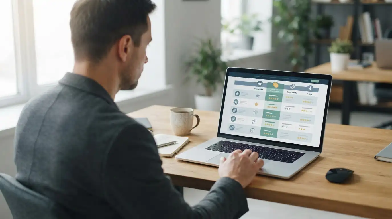 Laptop mit neutraler Vergleichstabelle zu vier Online-Casino-Angeboten ohne Logos