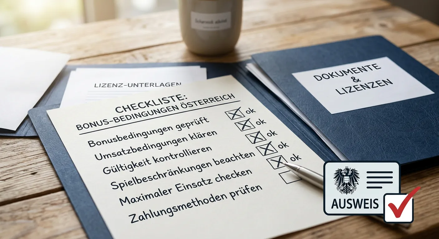 Checkliste mit neutralem Lizenzordner, Ausweis-Symbol und Häkchen