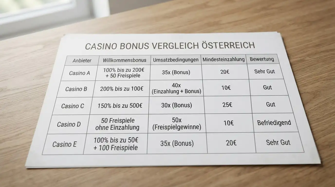 Vergleichstabelle mit Casino-Namen und Bonus-Bedingungen auf Papier