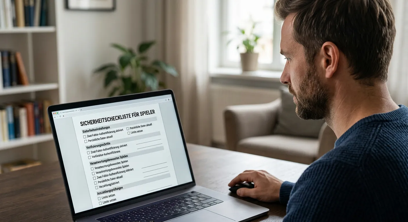 Spieler prüft Kassierer und Sicherheitsangaben auf einem Laptop