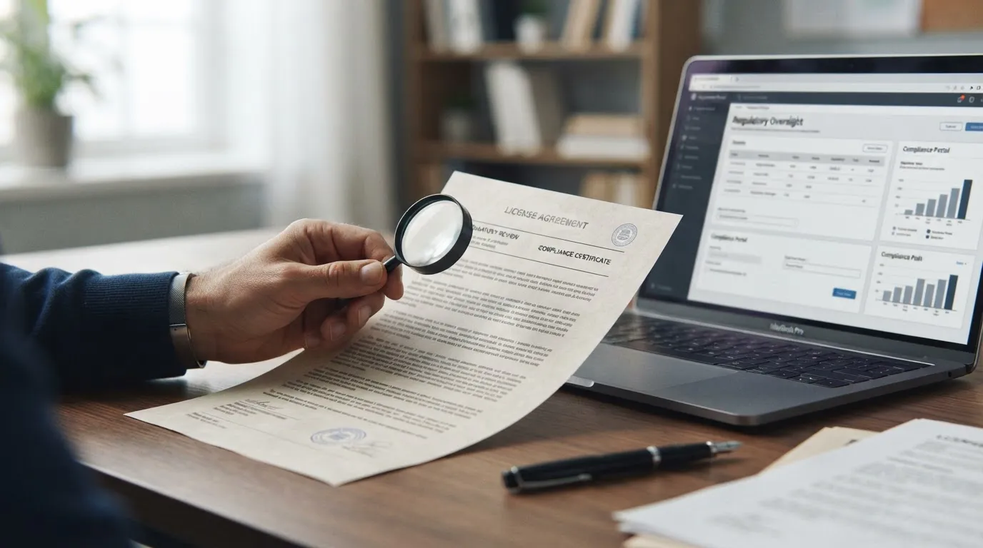Person prüft ein neutrales Lizenzdokument neben einem Laptop
