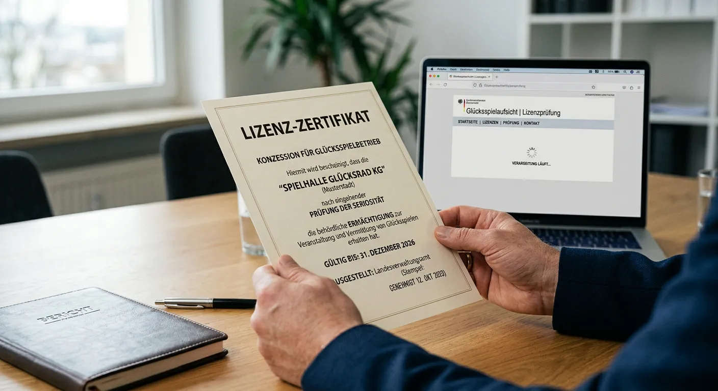 Hände halten ein Lizenzdokument am Schreibtisch, Laptop im Hintergrund