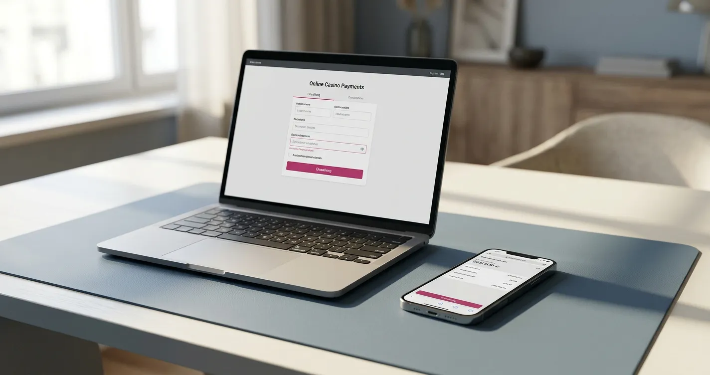 Smartphone neben neutraler Casino-Kassenseite und Magenta-farbener Zahlungsmarkierung