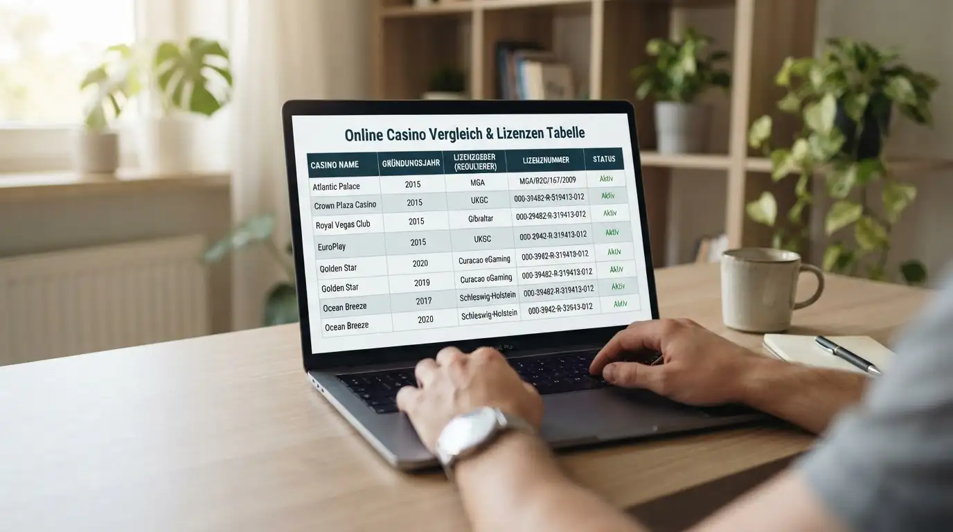 Laptop-Bildschirm mit geöffneter Casino-Webseite und Lizenz-Informationen