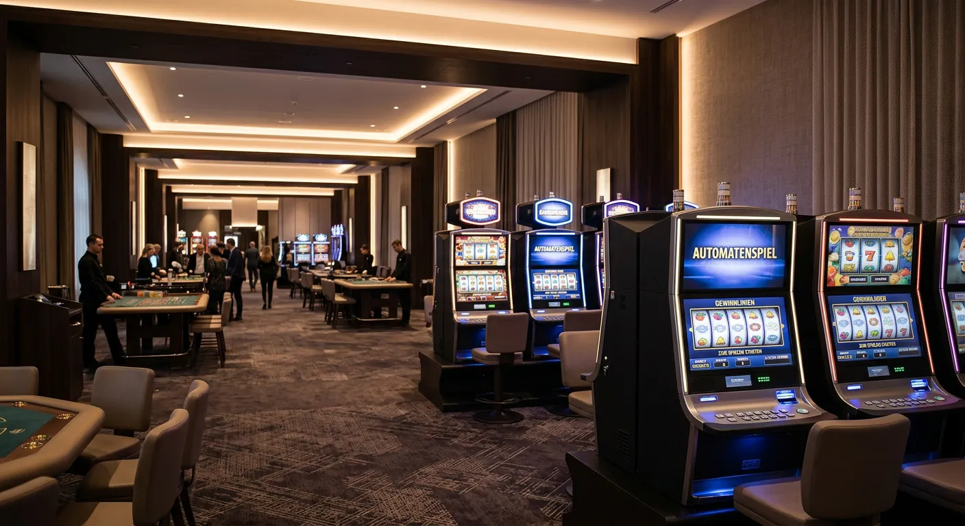 Spielautomat und Live-Casino-Tisch in neutraler moderner Umgebung