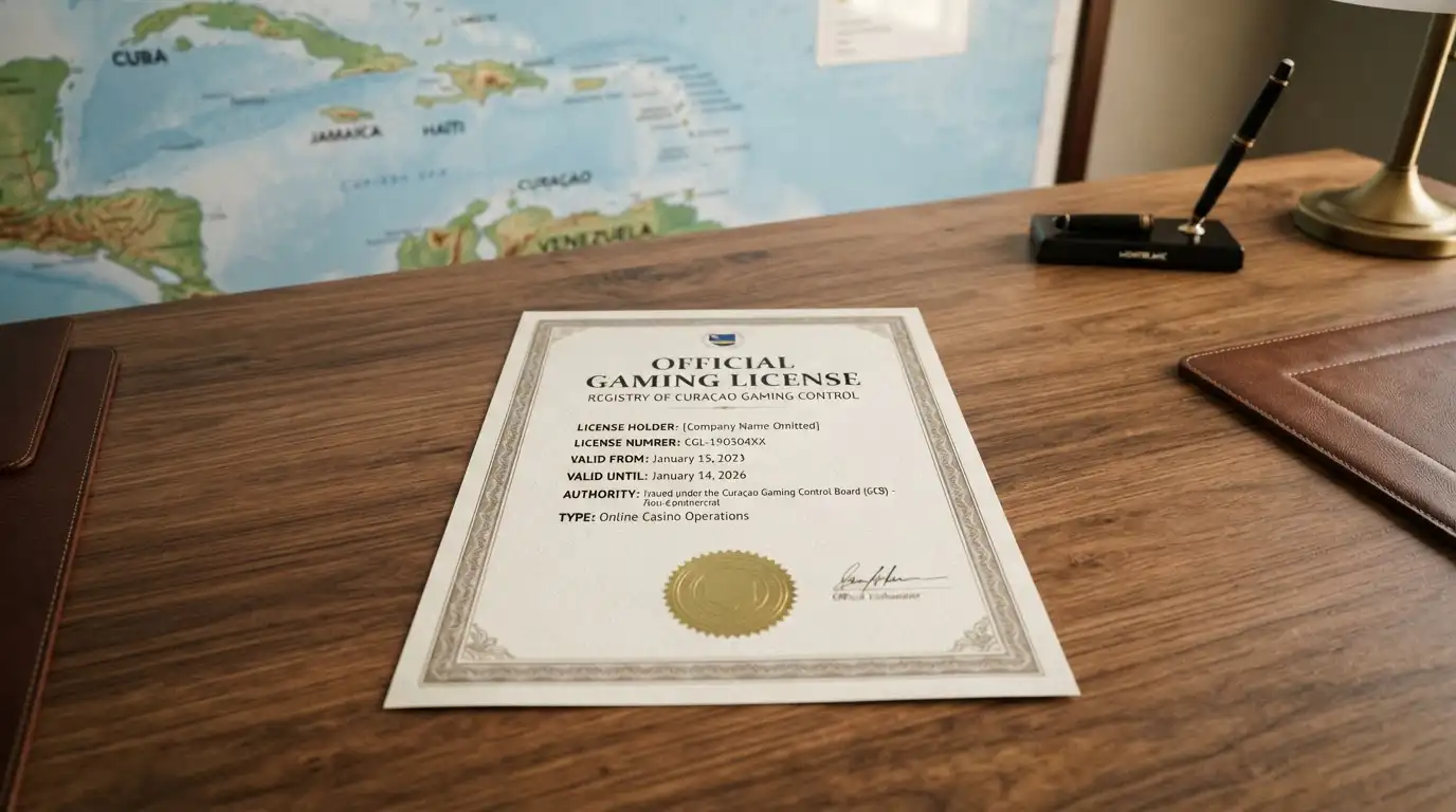 Curaçao-Lizenzdokument auf einem Schreibtisch mit Weltkarte im Hintergrund