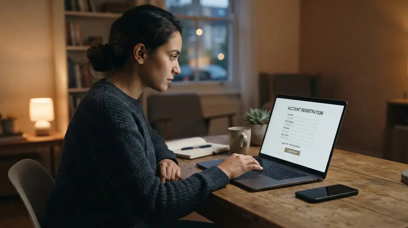 Person schließt am Laptop die Registrierung ab, um 200 Freispiele zu beanspruchen
