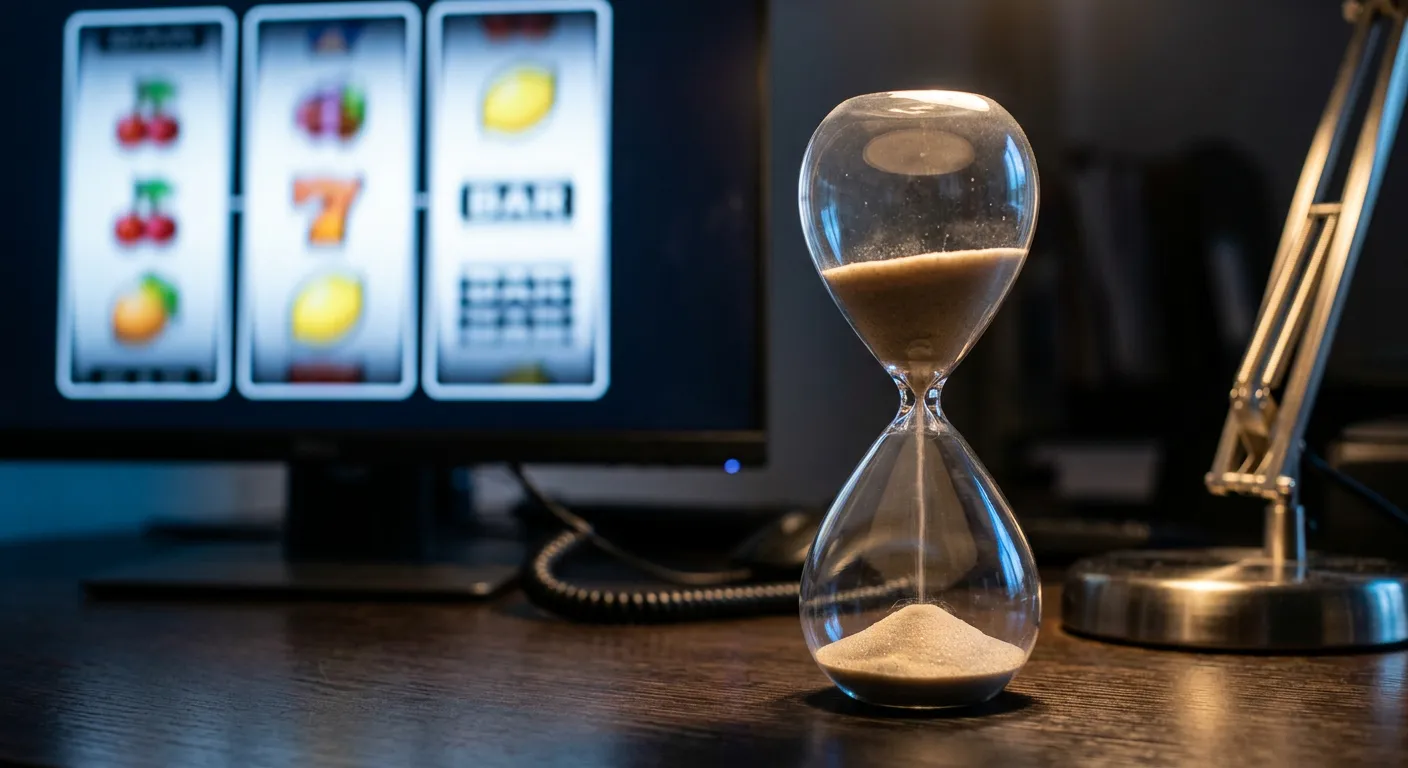 Sanduhr neben einem Bildschirm mit angehaltenen Walzen eines Spielautomaten