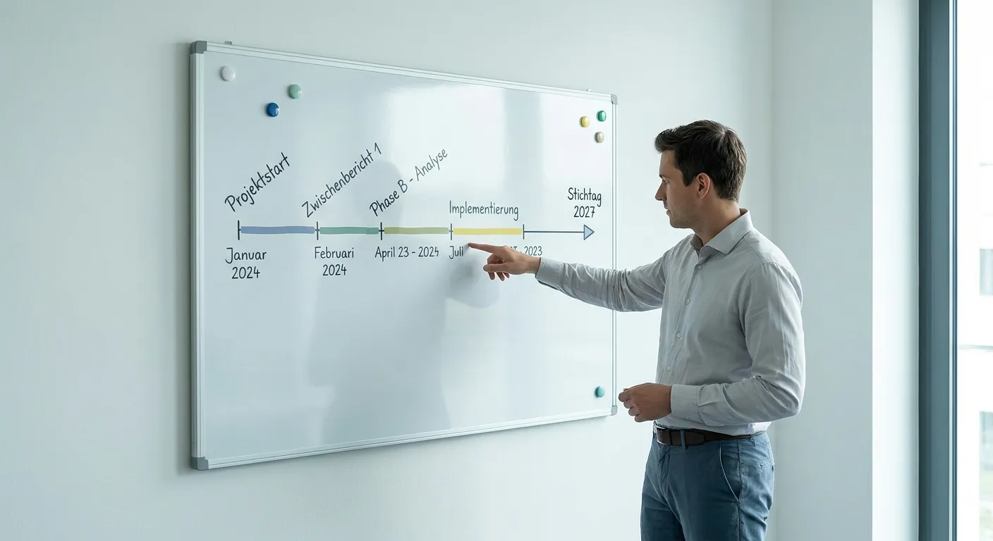 Zeitleiste mit markierten Fristen auf einer Planungstafel im Büro