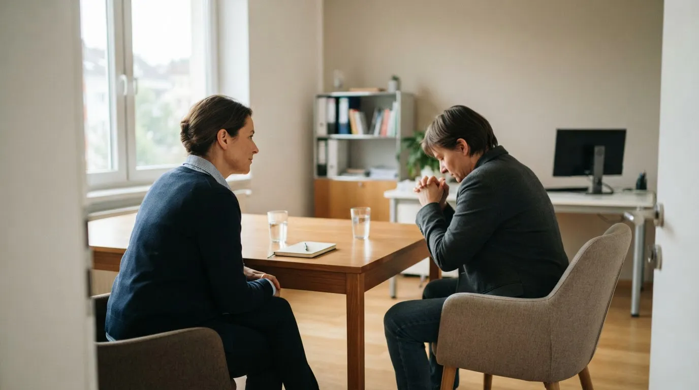Vertrauliches Beratungsgespräch in einem hellen österreichischen Büro