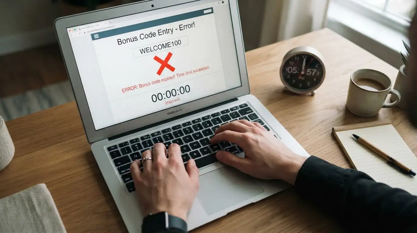 Person am Laptop mit durchgestrichenem Bonuscode und verfallener Uhr