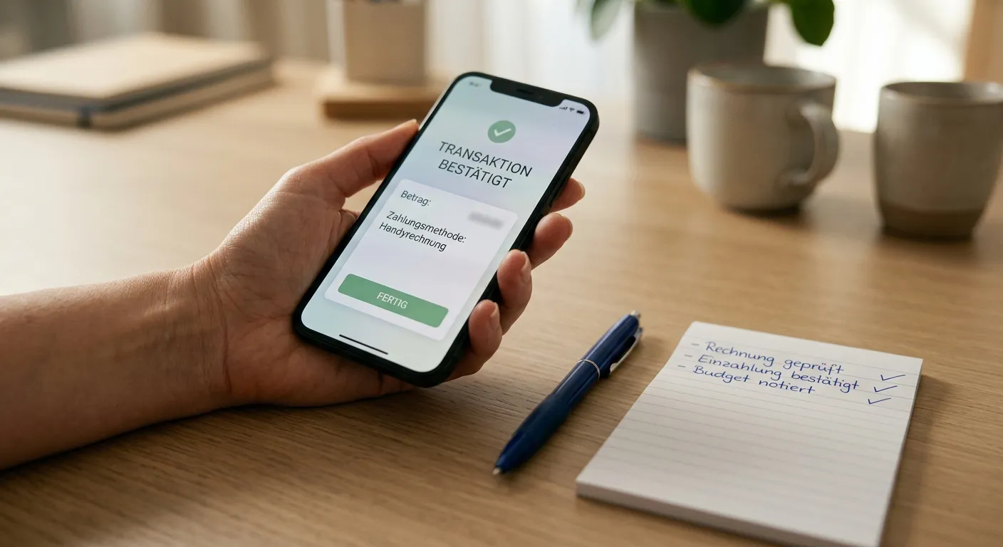 Handy mit neutraler Bestätigungsansicht neben handschriftlicher Prüfliste