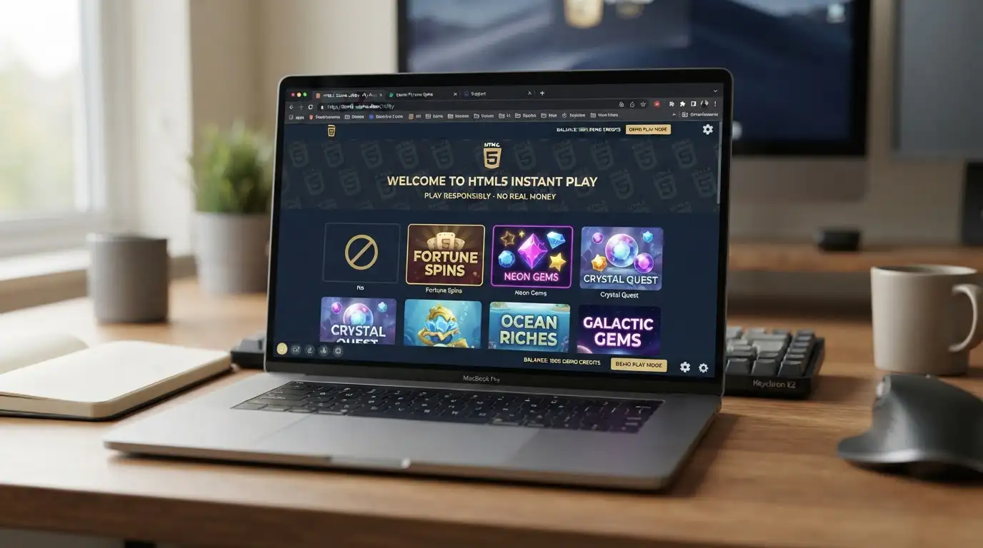 Moderner Browser mit Casino-Interface und HTML5-Logo im Hintergrund