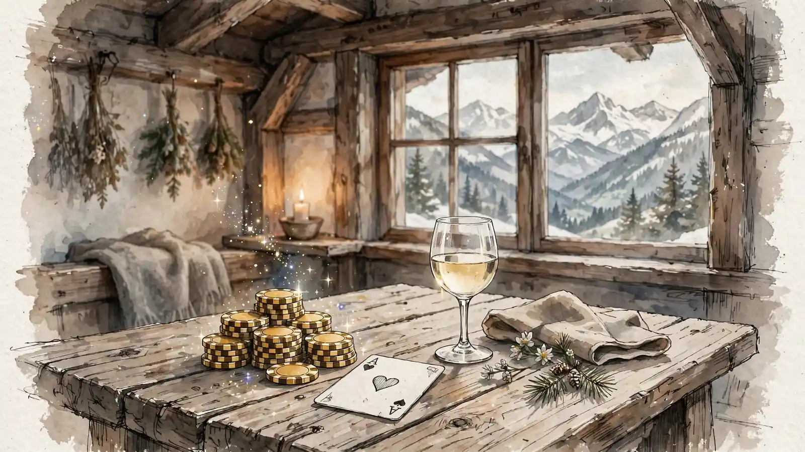 Casino-Chips und Spielkarte auf einem Holztisch in einer gemütlichen österreichischen Berghütte