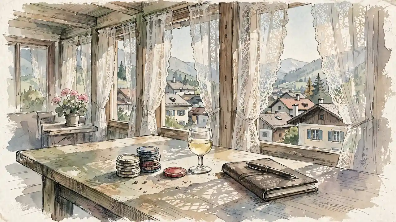 Casino-Chips und Weinglas auf einem Holztisch in einem österreichischen Wohnzimmer mit Bergblick.