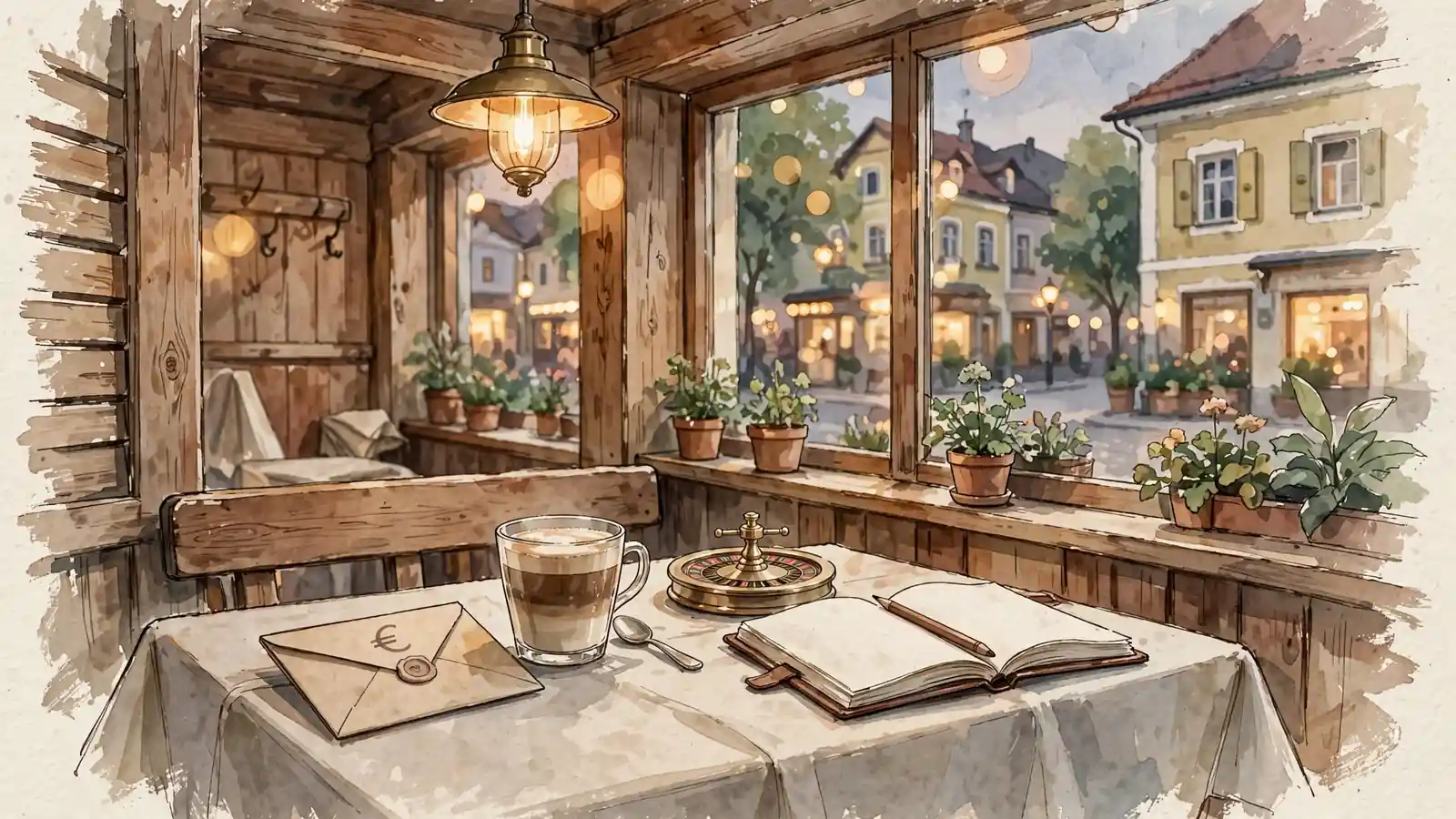 Österreichisches Café mit Holzeinrichtung, einem Geschenkumschlag mit Euro-Zeichen, Kaffee und einem Roulette-Rad auf dem Tisch.