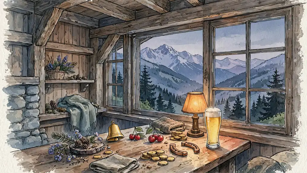 Gemütliche alpine Hütte in Österreich mit Spielautomat-Symbolen und Bierglas auf Holztisch