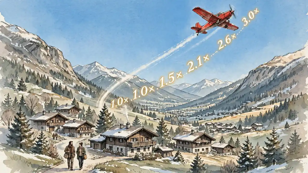 Rotes Propellerflugzeug steigt über einem österreichischen Alpendorf auf