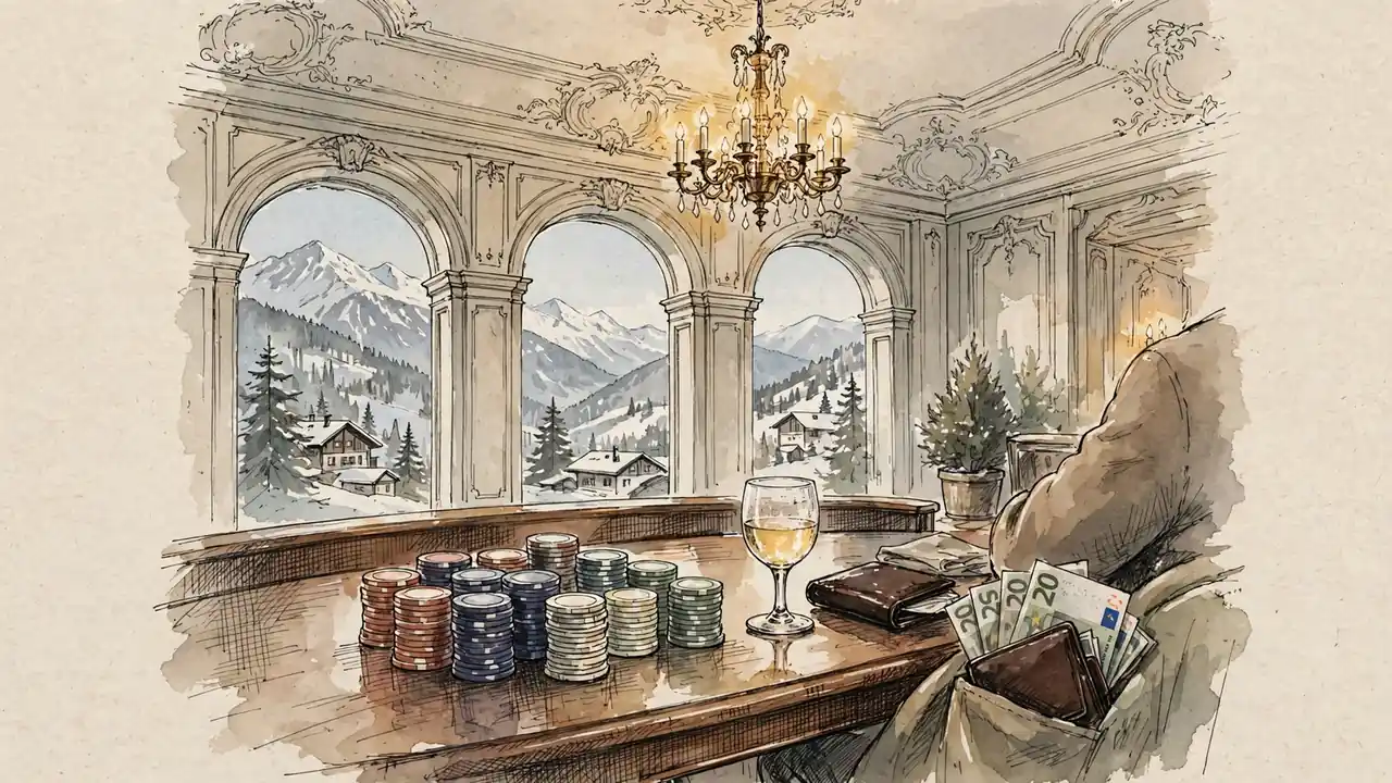 Elegantes österreichisches Casino mit Chips, Geldbörse und Alpenblick