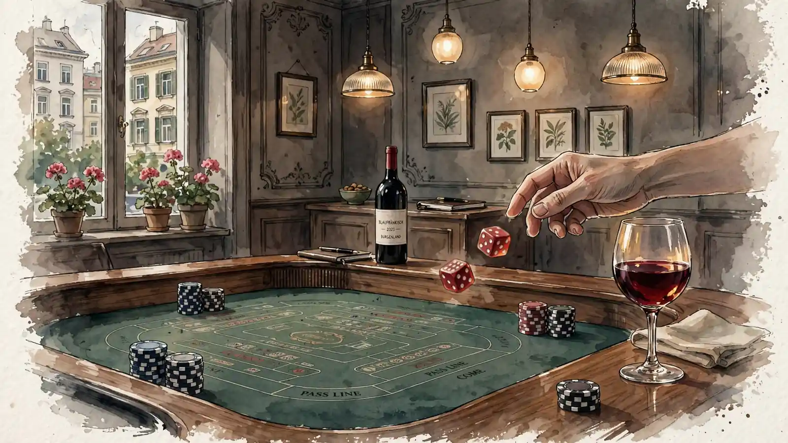 Craps-Tisch mit Würfeln und Chips in Wiener Atmosphäre