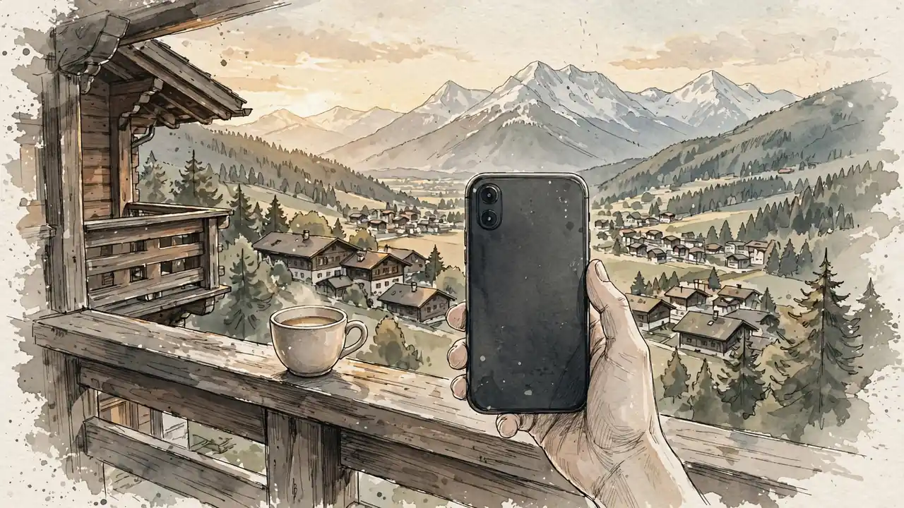 Hand hält Smartphone mit Blick auf österreichische Alpen vom Holzbalkon