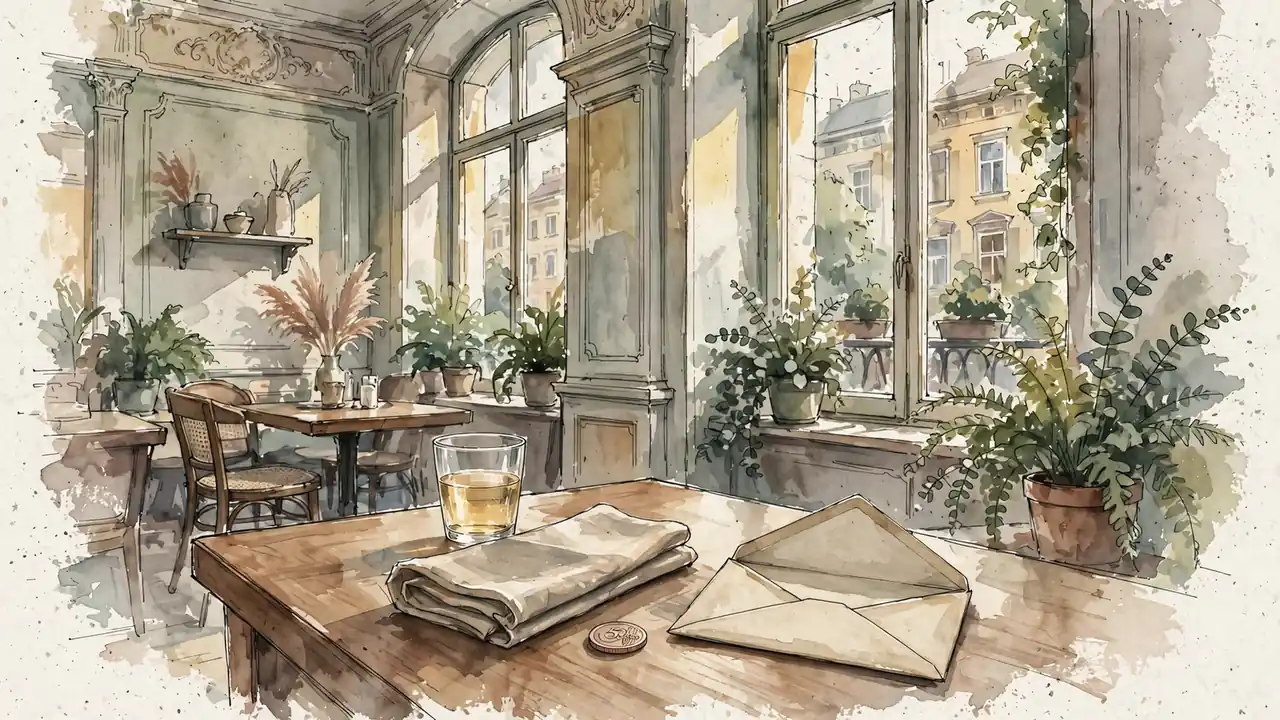 Elegantes Wiener Café mit warmem Licht, Weinglas und Münze als Symbol für Freispiele ohne Einzahlung.