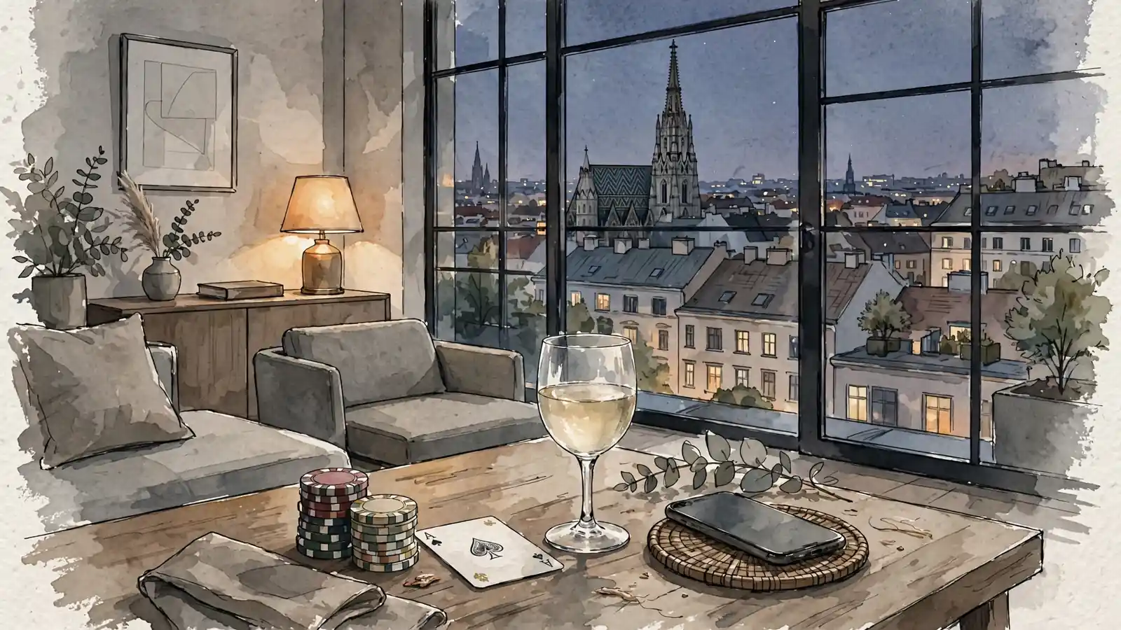 Modernes Wiener Apartment mit Casino-Chips und Weinglas am Abend.